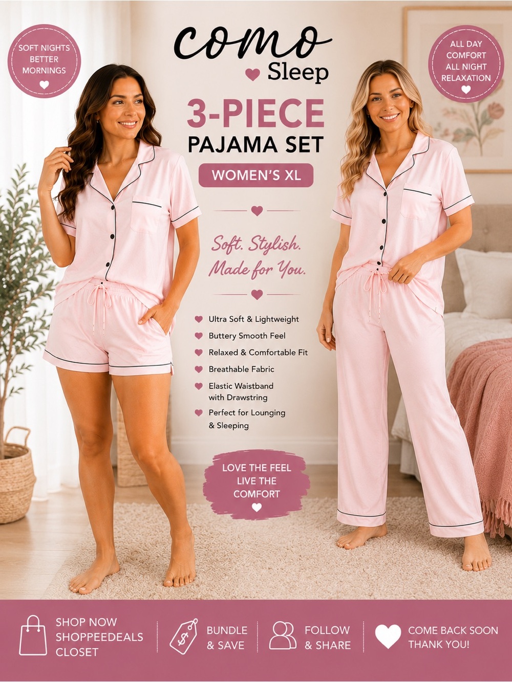 Como Sleep 3-Piece Pajama Lounge Set – Women’s XL – Light Pink